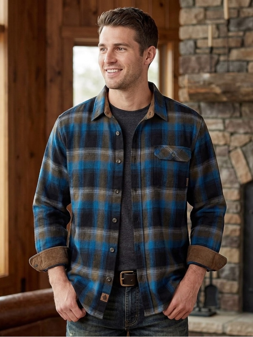 Legendary Whitetails Buck Camp Flannel Shirt Mens XL Blue Brown Plaid LongSleeve